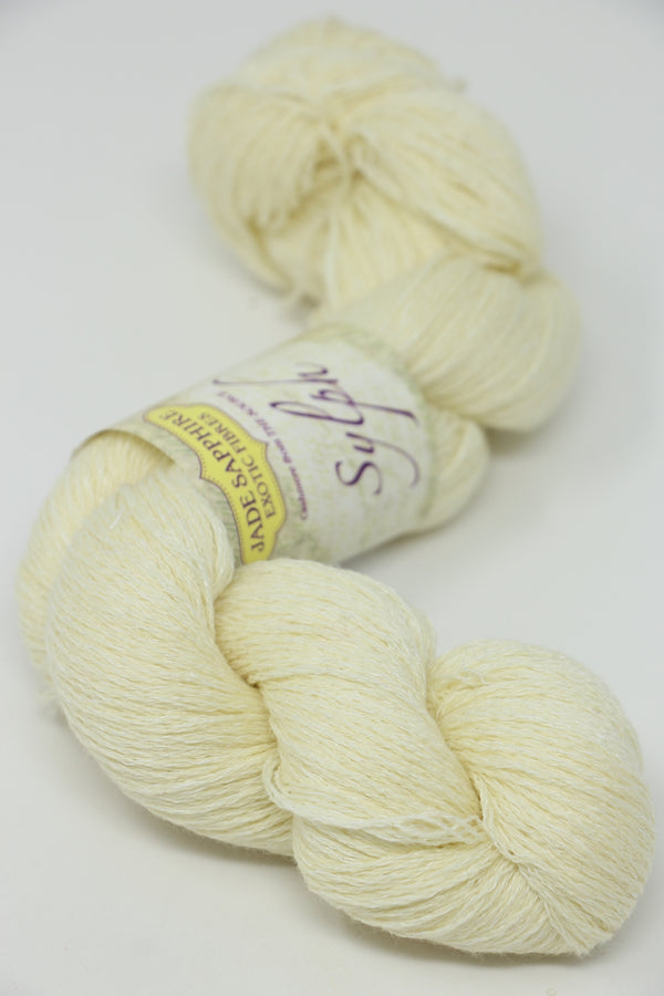 Jade Sapphire Sylph linen and cashmere yarn in ylang-ylang color, showcasing soft, lightweight fiber blend for knitting or weaving.