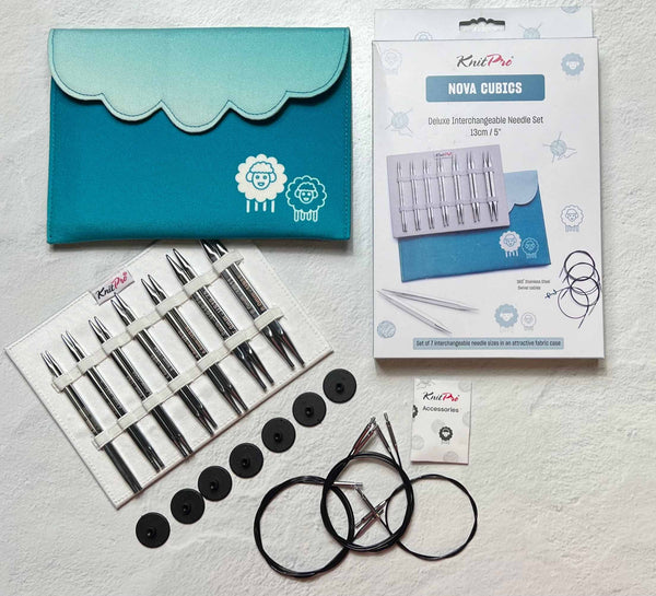 KnitPro Nova Cubics 5-inch interchangeable knitting needle set by Knitters Pride, featuring colorful cubic bamboo needles for versatile knitting.