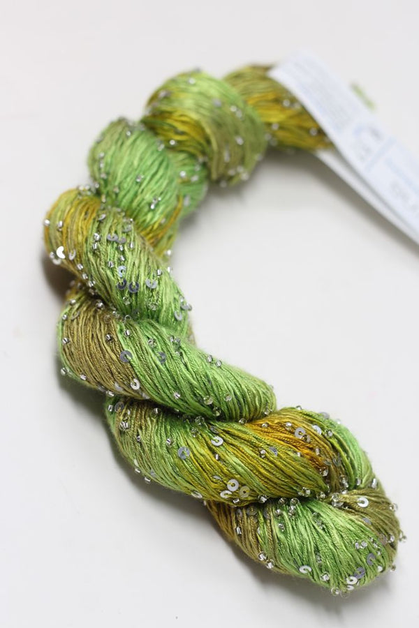 Beaded silk and sequins yarn by Artyarns, light H Series with shimmering beads and sequins, displayed in a close-up shot.