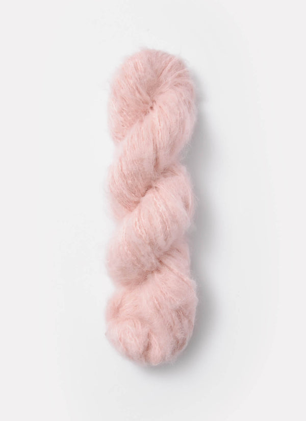 Blue Sky Fibers Brushed Suri alpaca yarn in soft, brushed blue color, showcasing the textured fiber and smooth strands.