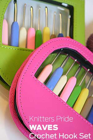 KnitPro Knitters Pride Waves crochet hook set with colorful ergonomic knitting needles in a compact carrying case.