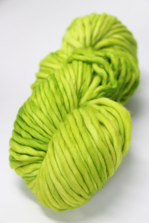 Malabrigo Rasta merino wool yarn in vibrant apple green, showcasing thick, soft, hand-dyed yarn for knitting or crochet projects.