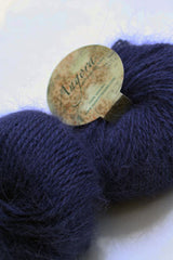Navy Plymouth Angora Yarn ball, soft and fluffy knitting yarn with angora fibers, ready for crafting and knitting projects.