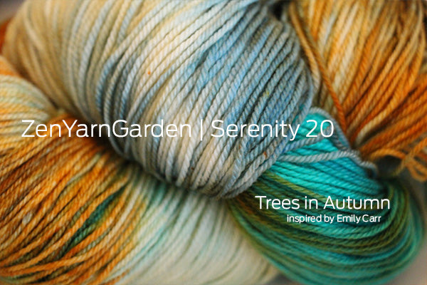 Fingering weight yarn Zen Yarn Garden Serenity 20 in warm autumn tressina colorway, skein with soft variegated tones.
