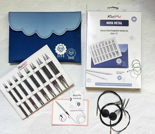 KnitPro Nova Deluxe 5-inch interchangeable knitting needle set by Knitters Pride with various needle tips and cords.