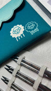 Close-up of Knitters Pride KnitPro Nova 5-inch Cubics interchangeble knitting needles set, showing smooth, polished needles and colorful caps.