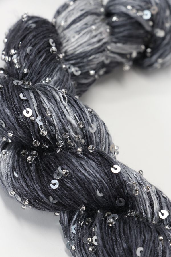 Beaded silk and sequins yarn from Artyarns' Beaded Silk & Sequins Light series, showing shiny beads and silky texture.