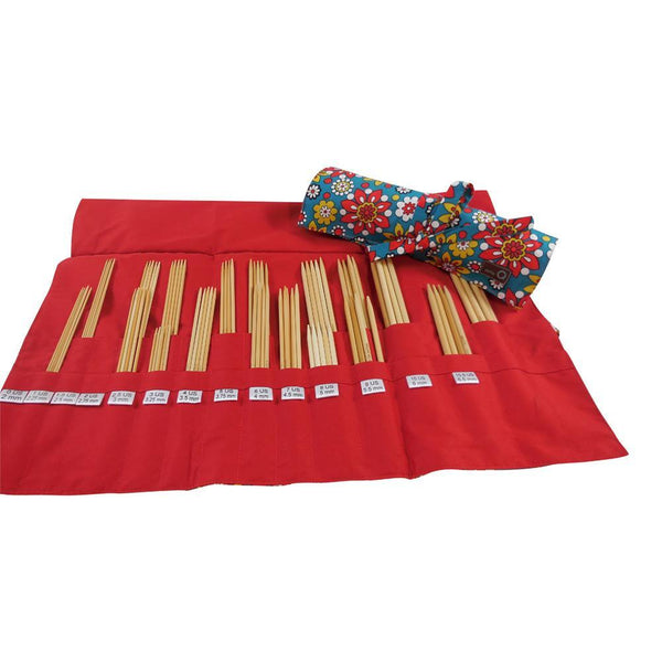Della Q double point knitting needle rollup case with organized compartments for knitting needles and accessories.