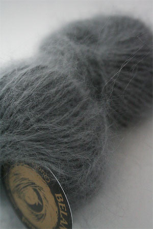 Close-up of Galler Yarn Belangor French Angora yarn in Charbon color, showcasing soft, fluffy angora fibers and rich texture.