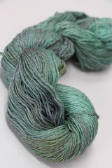 Jade Sapphire Sylph linen and cashmere yarn in sea glass color, showing soft, textured fibers for knitting or crochet projects.