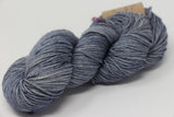 Madelinetosh Tosh DK yarn in Aura color, showing soft, twisted wool skein with rich blue and gray tones.
