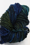 Malabrigo Rasta merino wool yarn in vibrant green and blue hues, showcasing thick, soft, and textured yarn for knitting or crochet projects.