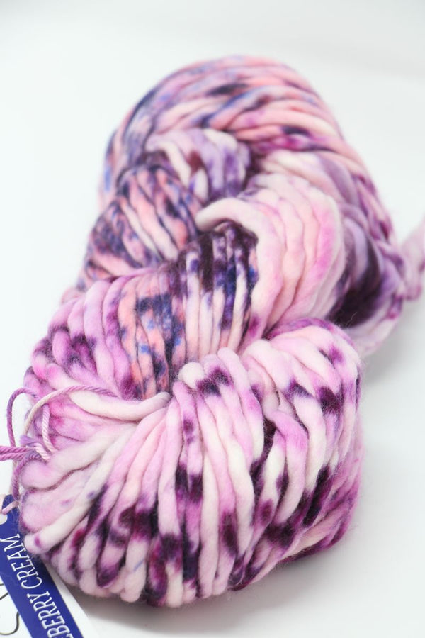 Malabrigo Rasta Merino Wool Yarn in Blueberry Cream color, showing thick, soft, hand-dyed yarn for knitting and crochet projects.