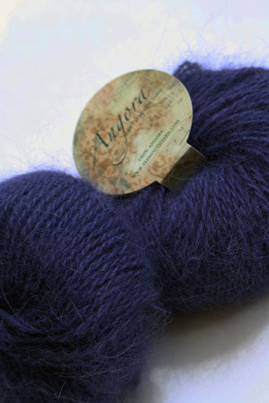 Navy Plymouth Angora Yarn ball, soft and fluffy knitting yarn with angora fibers, ready for crafting and knitting projects.
