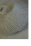 White Rowan Kidsilk Haze yarn ball, soft and delicate fiber for knitting or crochet projects, showcasing its fine texture and color.
