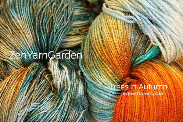 Fingering weight Zen Yarn Garden Serenity 20 yarn in autumn-inspired colors, displayed in a close-up shot.