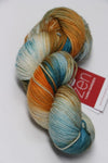 Fingering weight yarn in warm autumn colors from Zen Yarn Garden's Serenity 20 collection, displayed with a scenic tree background.